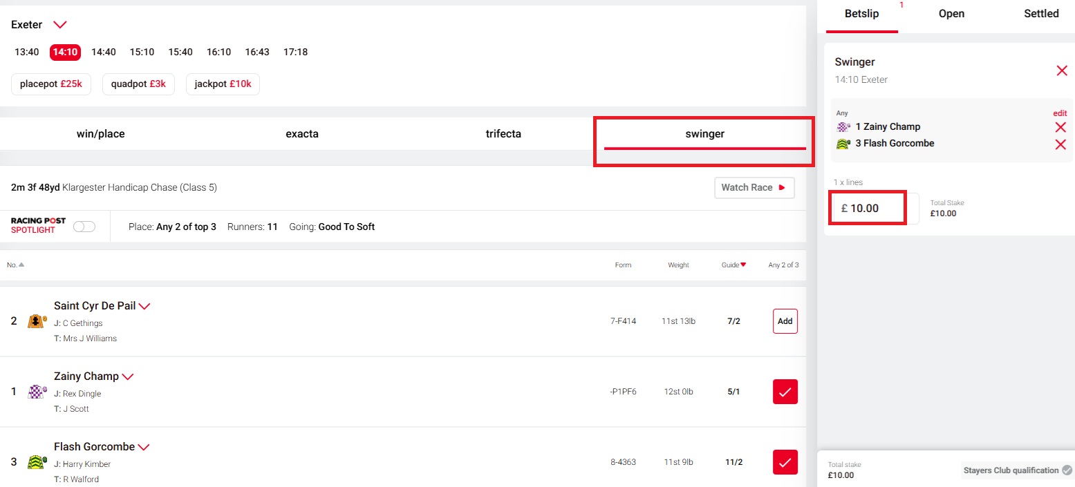 image of a tote racecard with a swinger bet added to the betslip and a stake of £10 entered